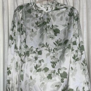 Green floral satin blouse
